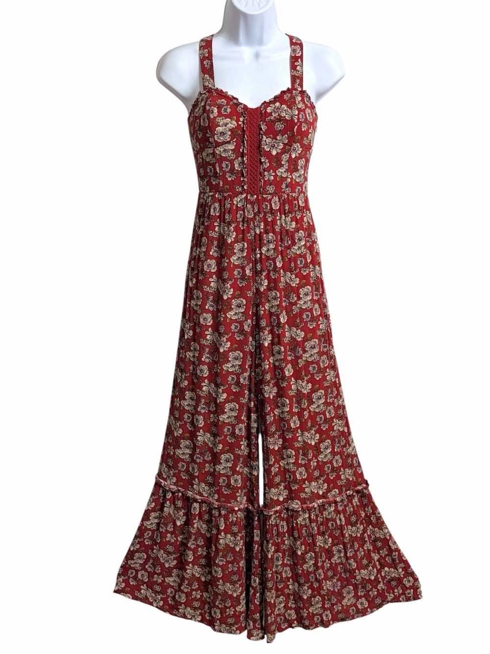 American Eagle Outfitters Boho Floral Wide Leg Jumpsuit 00 Festival Ruffle Hem